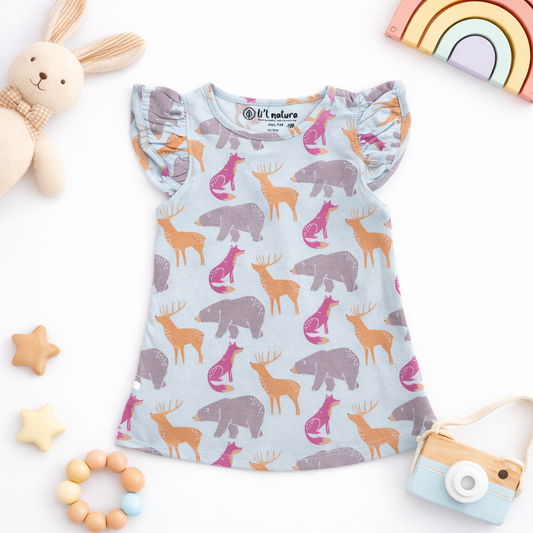 so'FRESCO - BABY FROCK - BLUE BASE + ANIMALS PRINT | LITTLE NATURA