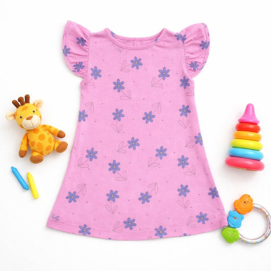 so'FRESCO - BABY FROCK - DPINK BASE + FLOWERS PRINT | LITTLE NATURA