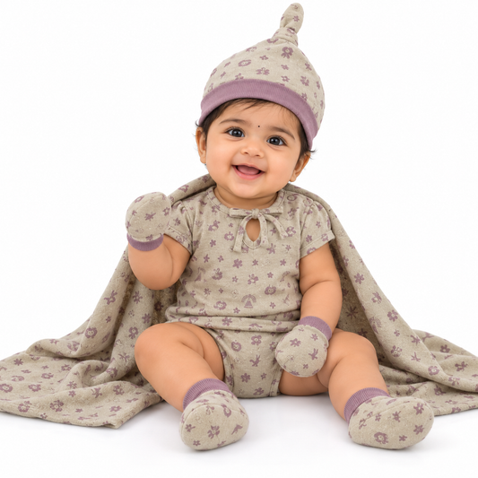 ORIGAMI - GIFT SET (BABY FROCK) - GREEN + PURPLE - GIRL - 0-3 M | LITTLE NATURA