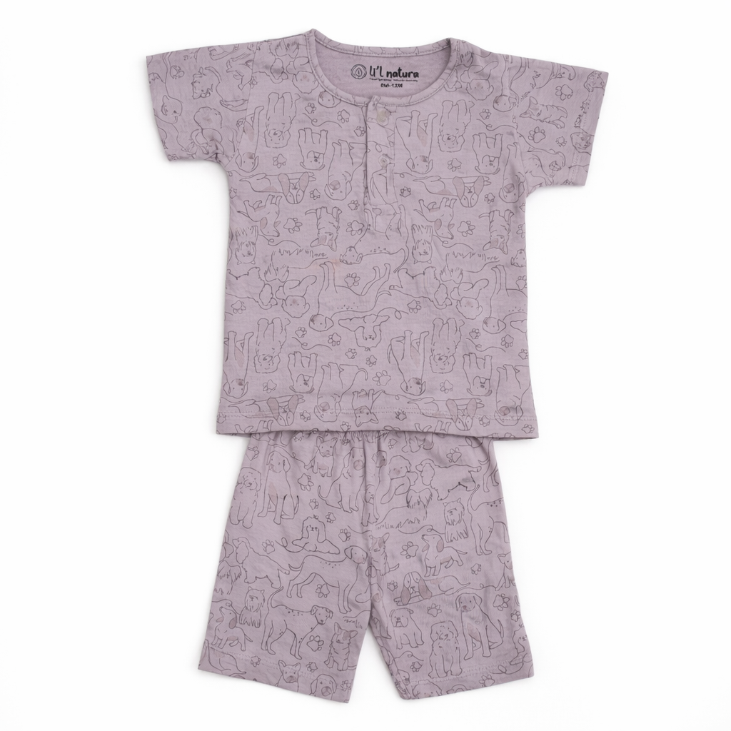 so'FRESCO - BABY SET (HALF SLV FRONT OPEN) - GREY BASE + CUTE DOGS PRINT | LITTLE NATURA