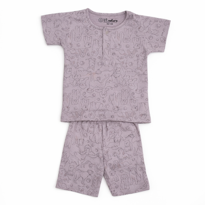 so'FRESCO - BABY SET (HALF SLV FRONT OPEN) - GREY BASE + CUTE DOGS PRINT | LITTLE NATURA
