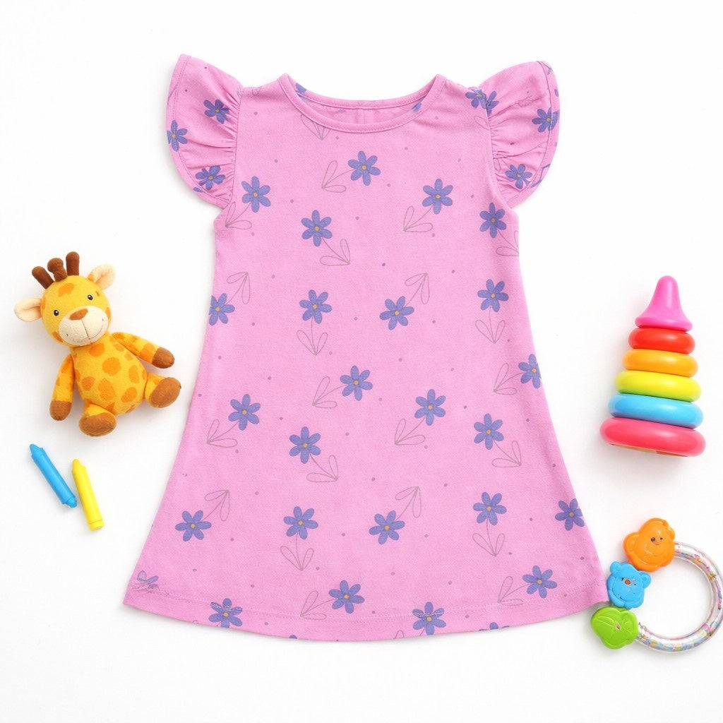 so'FRESCO - BABY FROCK - DPINK BASE + FLOWERS PRINT | LITTLE NATURA