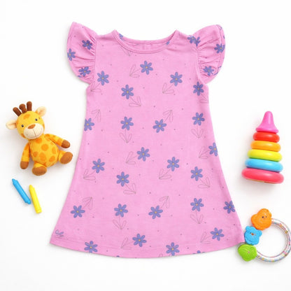 so'FRESCO - BABY FROCK - DPINK BASE + FLOWERS PRINT | LITTLE NATURA