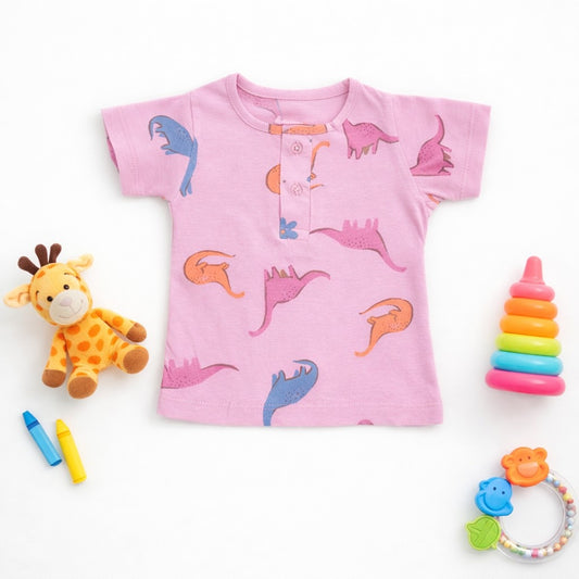 so'FRESCO - BABY SET (HALF SLV FRONT OPEN) - LPINK BASE + DINO PRINT | LITTLE NATURA