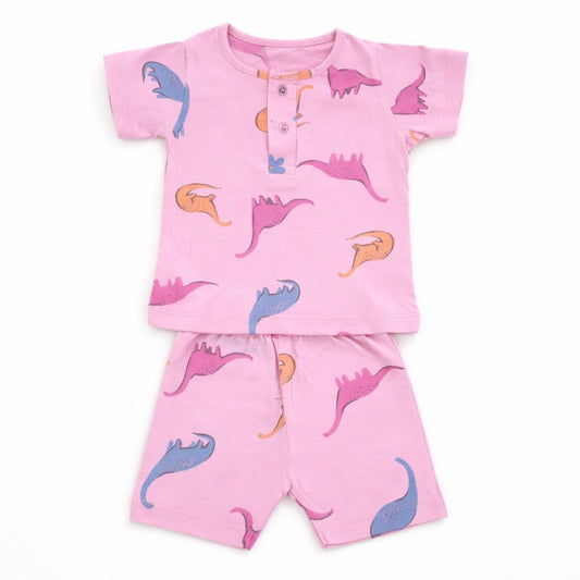 so'FRESCO - BABY SET (HALF SLV FRONT OPEN) - LPINK BASE + DINO PRINT | LITTLE NATURA