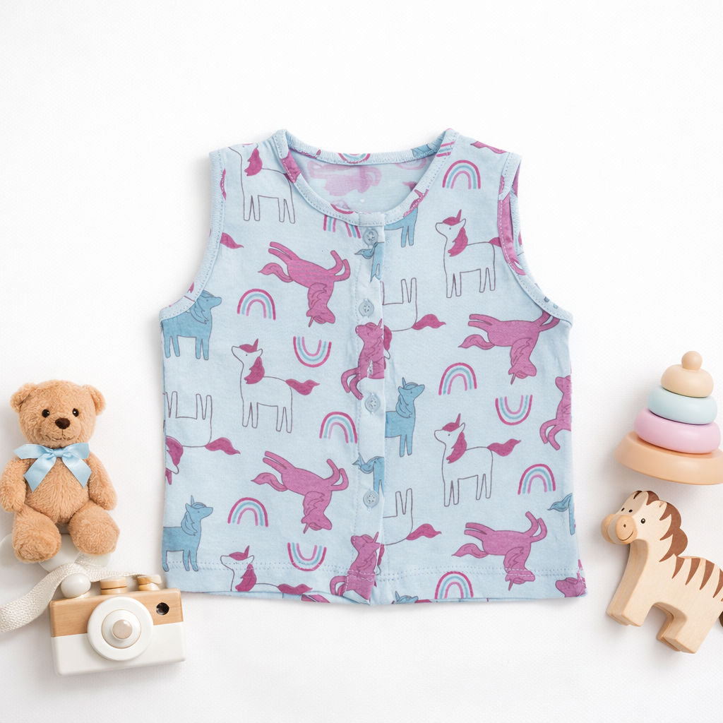 Children's sleeveless shirt with animal pattern on a white background with toys around