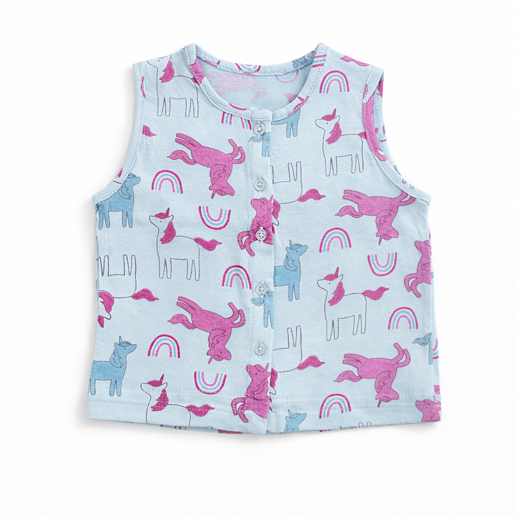 Children's sleeveless shirt with unicorn and rainbow pattern on a light blue background
