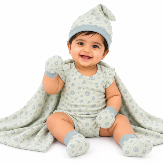 ORIGAMI - GIFT SET (BABY FROCK) - GREEN + GREY - GIRL - 0-3 M | LITTLE NATURA