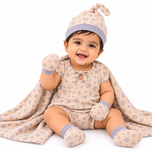 ORIGAMI - GIFT SET (BABY FROCK) - ORANGE + GREY - GIRL - 0-3 M | LITTLE NATURA