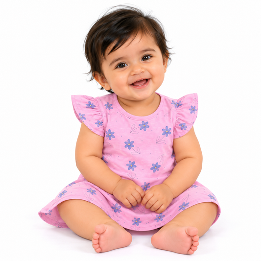 so'FRESCO - BABY FROCK - DPINK BASE + FLOWERS PRINT | LITTLE NATURA