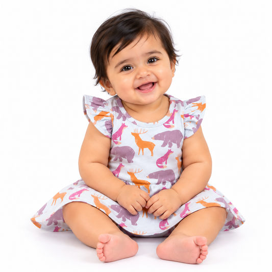 so'FRESCO - BABY FROCK - BLUE BASE + ANIMALS PRINT | LITTLE NATURA