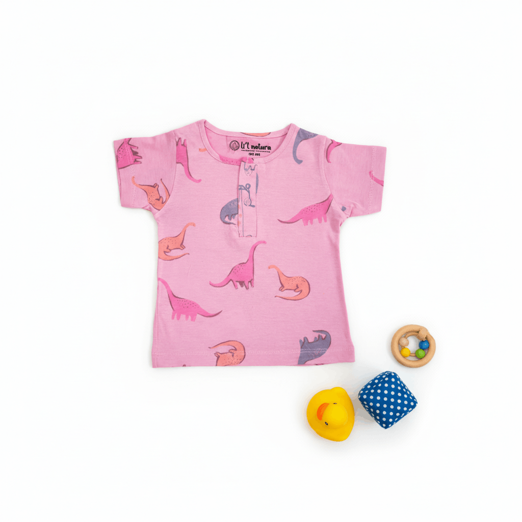 so'FRESCO - BABY SET (HALF SLV FRONT OPEN) - DPINK BASE + DINO PRINT | LITTLE NATURA