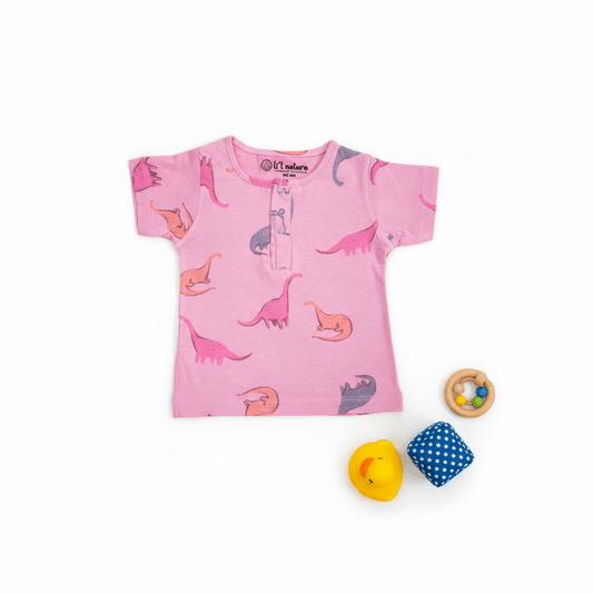 so'FRESCO - BABY SET (HALF SLV FRONT OPEN) - DPINK BASE + DINO PRINT | LITTLE NATURA