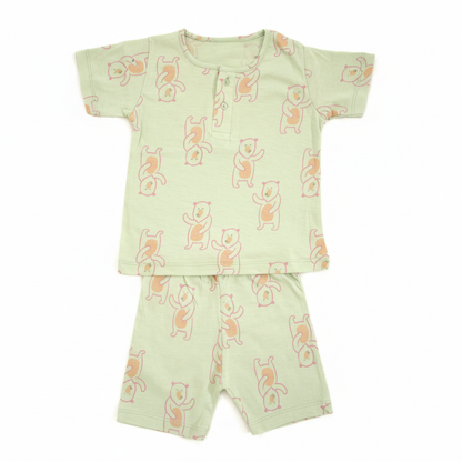 so'FRESCO - BABY SET (HALF SLV FRONT OPEN) - GREEN BASE + TEDDY PRINT | LITTLE NATURA