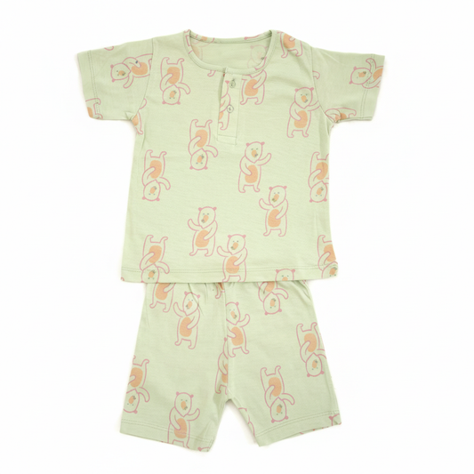 so'FRESCO - BABY SET (HALF SLV FRONT OPEN) - GREEN BASE + TEDDY PRINT | LITTLE NATURA