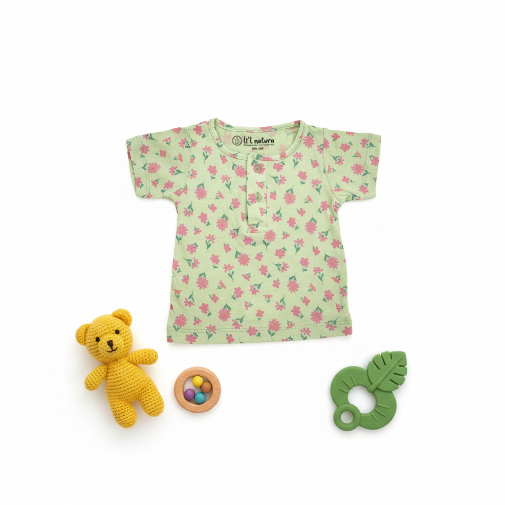 so'FRESCO - BABY SET (HALF SLV FRONT OPEN) - GREEN BASE + BIRDS  FLOWERS PRINT | LITTLE NATURA