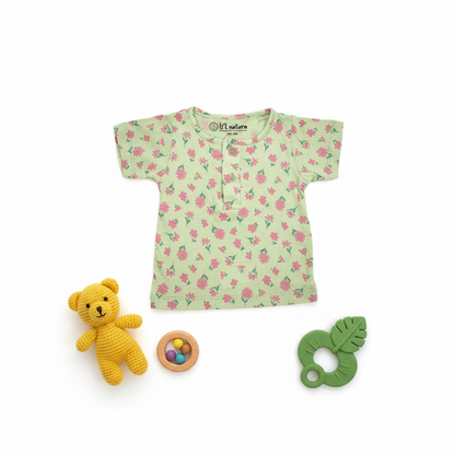 so'FRESCO - BABY SET (HALF SLV FRONT OPEN) - GREEN BASE + BIRDS  FLOWERS PRINT | LITTLE NATURA