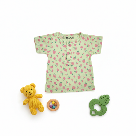 so'FRESCO - BABY SET (HALF SLV FRONT OPEN) - GREEN BASE + BIRDS  FLOWERS PRINT | LITTLE NATURA