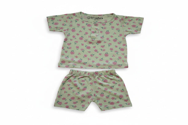 so'FRESCO - BABY SET (HALF SLV FRONT OPEN) - GREEN BASE + DAHLIA PRINT - UNISEX - 0-3 M | LITTLE NATURA