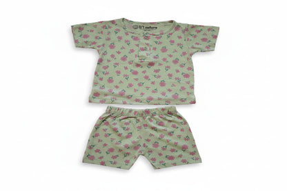 so'FRESCO - BABY SET (HALF SLV FRONT OPEN) - GREEN BASE + DAHLIA PRINT - UNISEX - 0-3 M | LITTLE NATURA