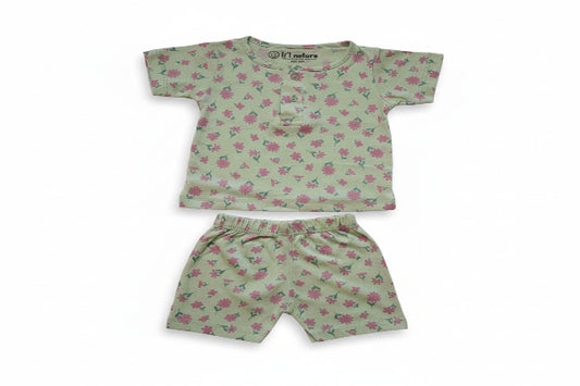 so'FRESCO - BABY SET (HALF SLV FRONT OPEN) - GREEN BASE + DAHLIA PRINT - UNISEX - 0-3 M | LITTLE NATURA