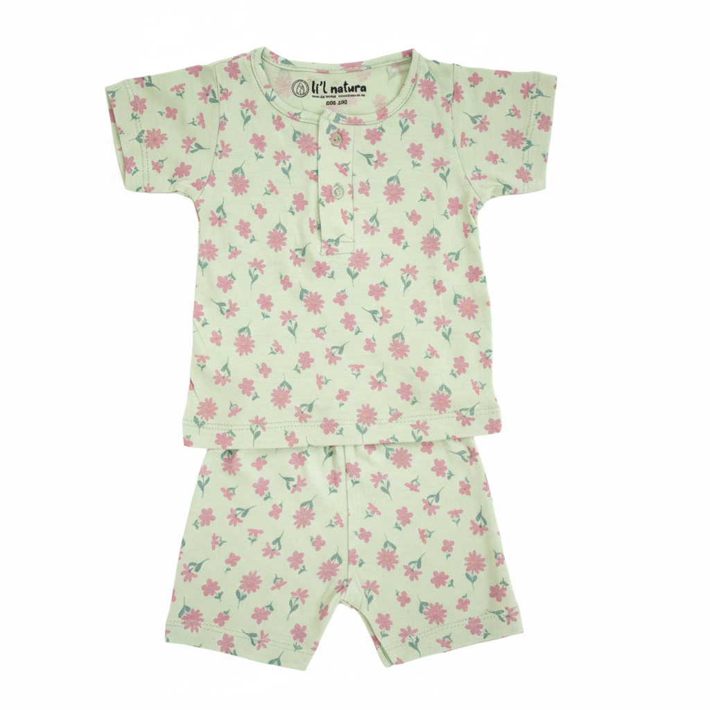 so'FRESCO - BABY SET (HALF SLV FRONT OPEN) - GREEN BASE + BIRDS  FLOWERS PRINT | LITTLE NATURA