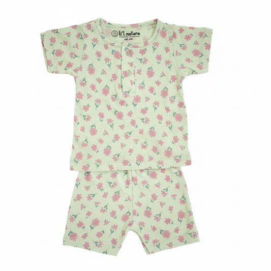 so'FRESCO - BABY SET (HALF SLV FRONT OPEN) - GREEN BASE + BIRDS  FLOWERS PRINT | LITTLE NATURA
