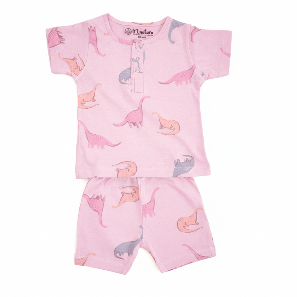 so'FRESCO - BABY SET (HALF SLV FRONT OPEN) - DPINK BASE + DINO PRINT | LITTLE NATURA