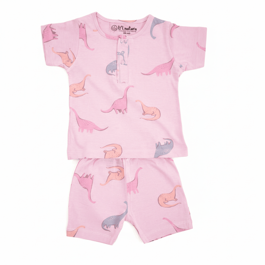 so'FRESCO - BABY SET (HALF SLV FRONT OPEN) - DPINK BASE + DINO PRINT | LITTLE NATURA