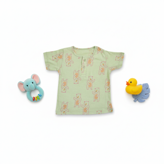 so'FRESCO - BABY SET (HALF SLV FRONT OPEN) - GREEN BASE + TEDDY PRINT | LITTLE NATURA