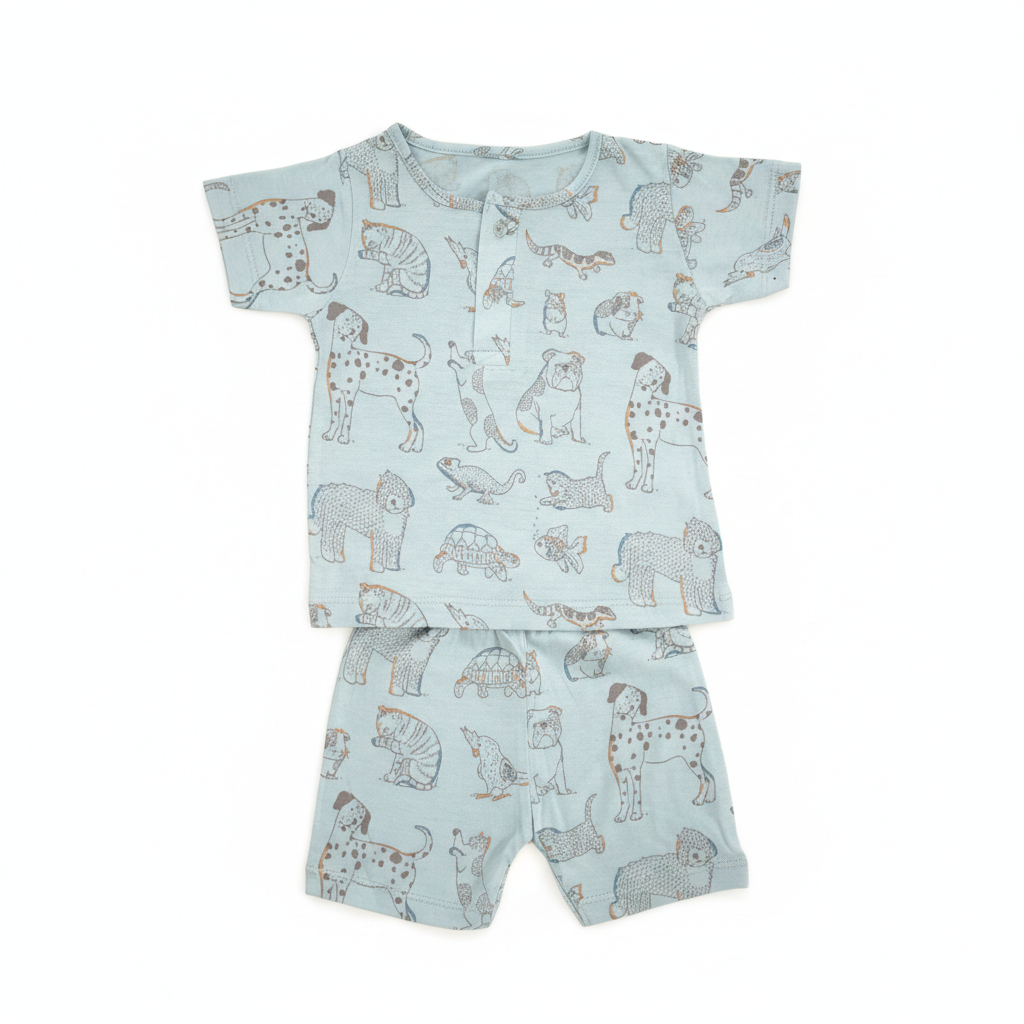 so'FRESCO - BABY SET (HALF SLV FRONT OPEN) - BLUE BASE + ANIMAL PRINT | LITTLE NATURA
