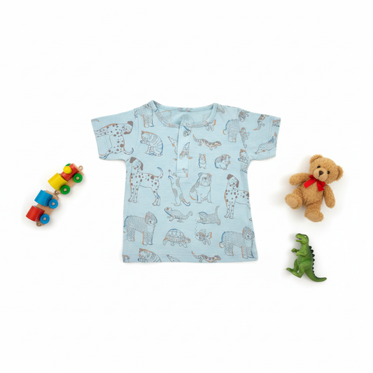 so'FRESCO - BABY SET (HALF SLV FRONT OPEN) - BLUE BASE + ANIMAL PRINT | LITTLE NATURA